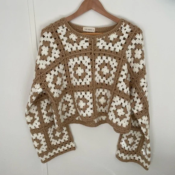 Granny Square Crochet Pattern Sweater - Brown & White - Picture 1 of 9